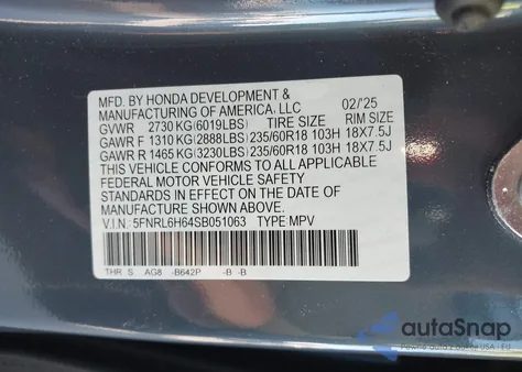 2025 Honda Odyssey Ex-L z USA, uszkodzony, nr VIN 5FNRL6H64SB051063